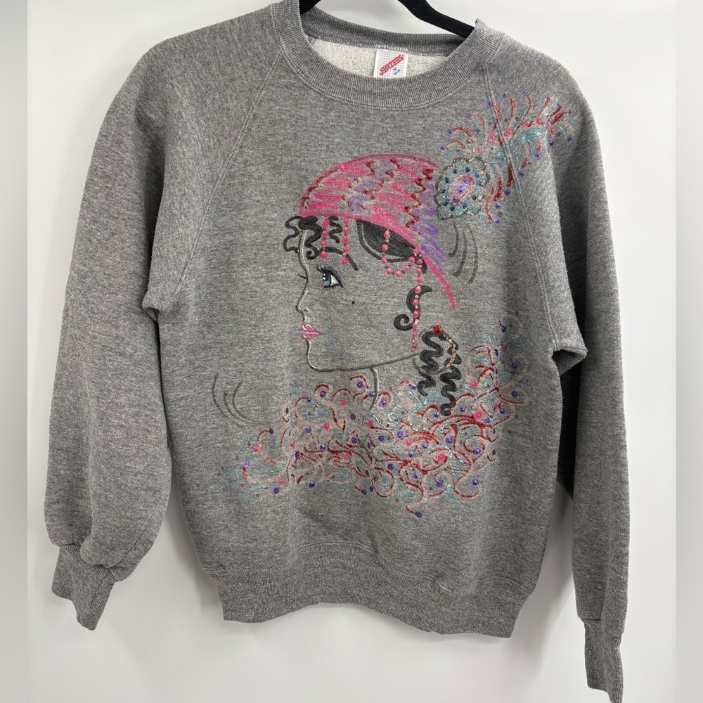 Vintage jerzees handprinted beaded art deco made usa sweatshirt size medium